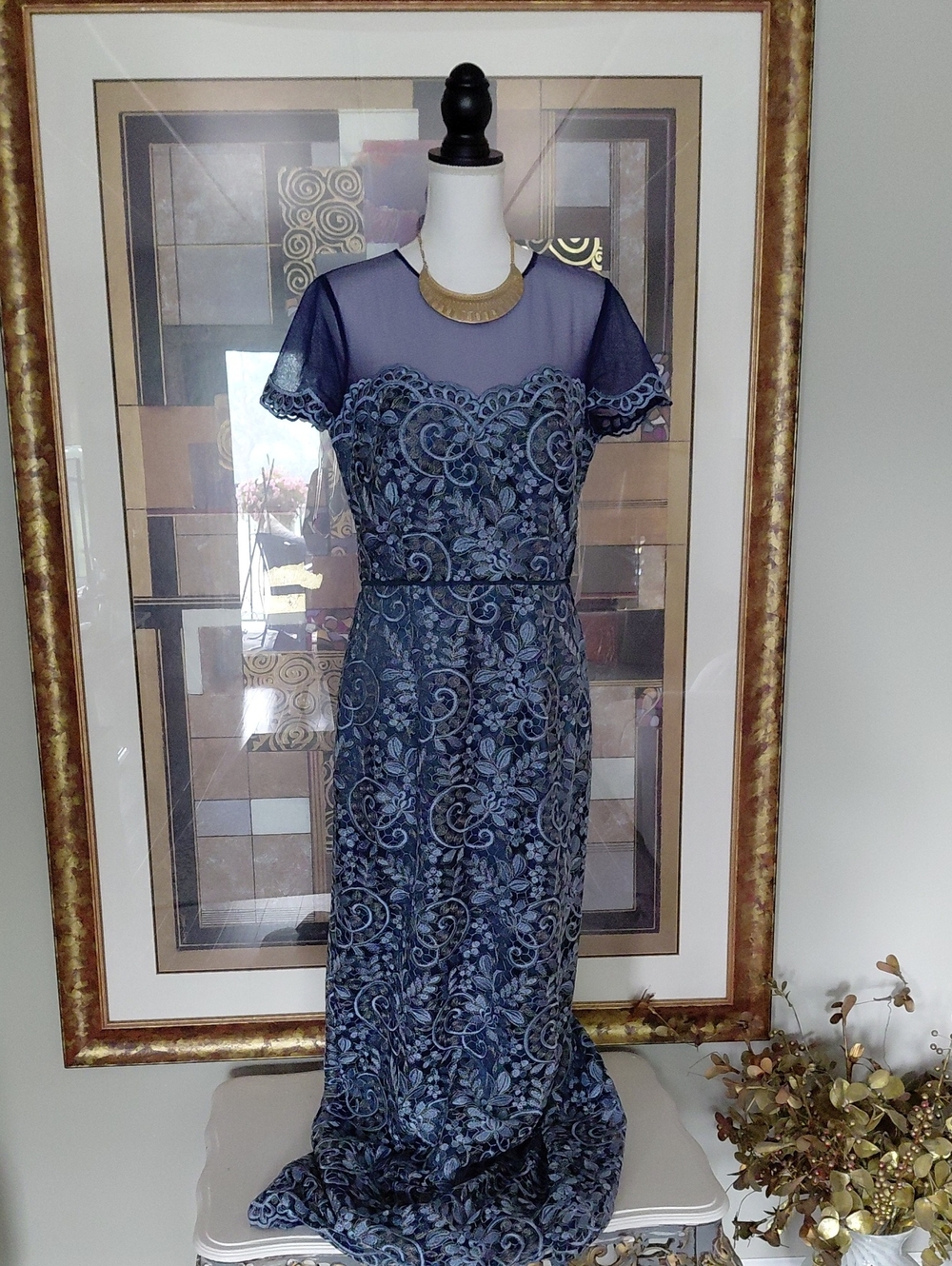 JS Collections Navy Blue Lace Embroidered Evening Gown